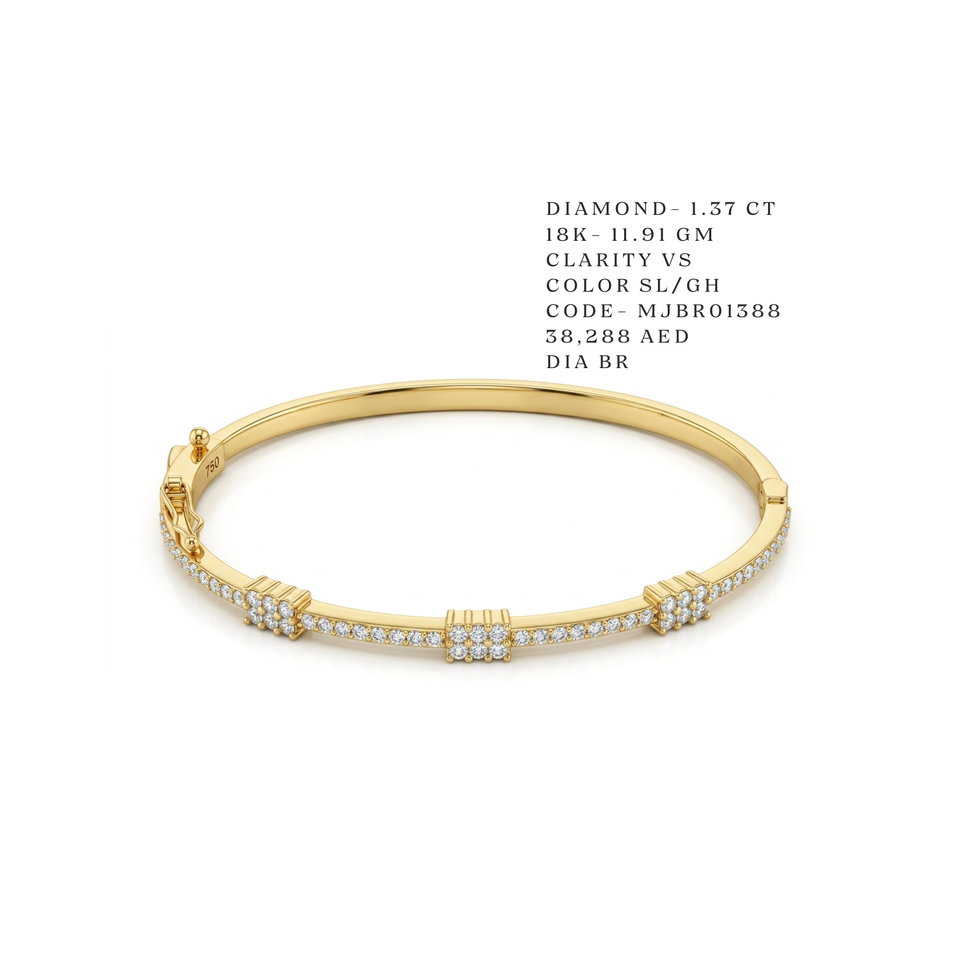 Triple Pavé Station Yellow Gold Bangle