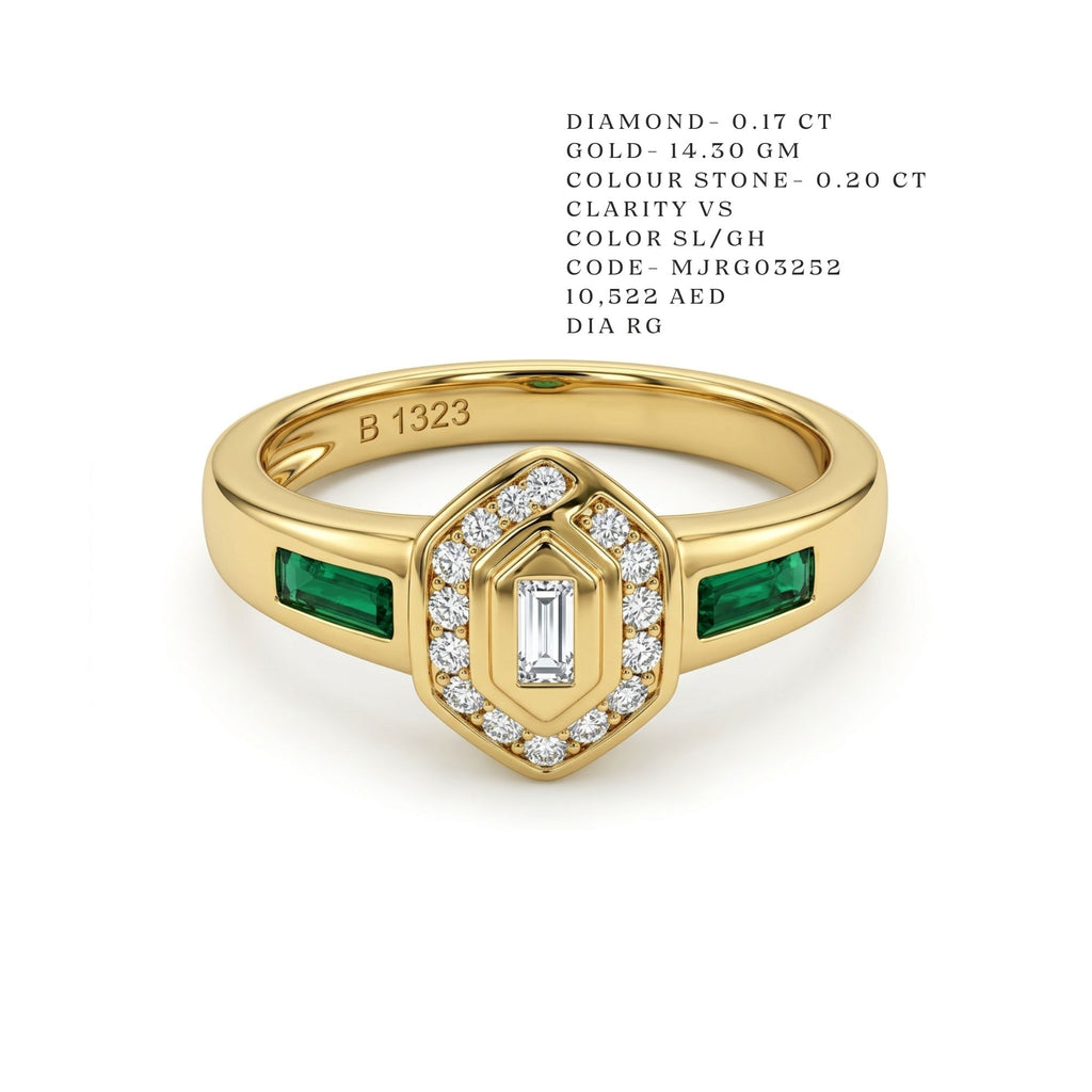 Hexagonal Emerald Accent Diamond Ring