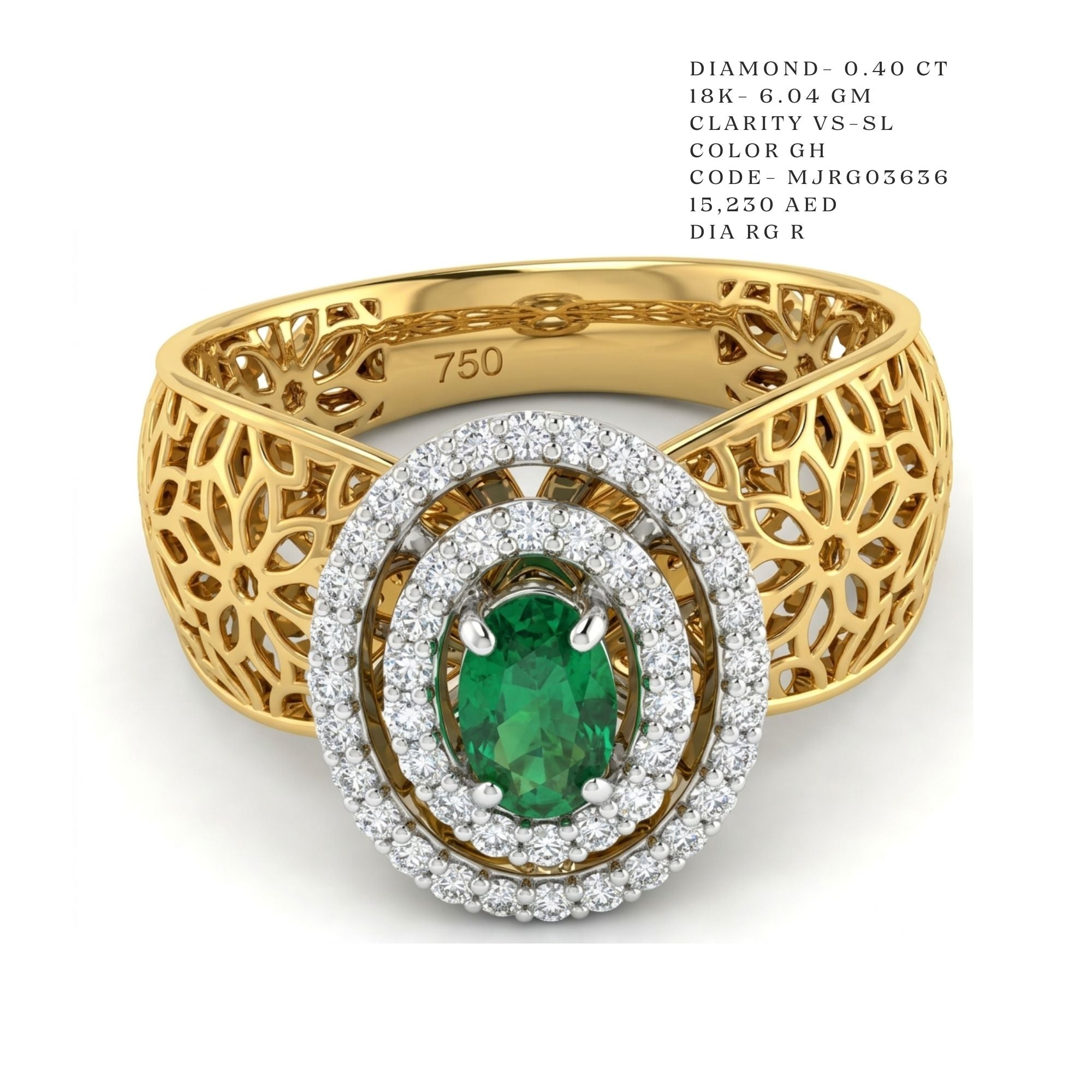 Double-Halo Oval Emerald Lattice Ring